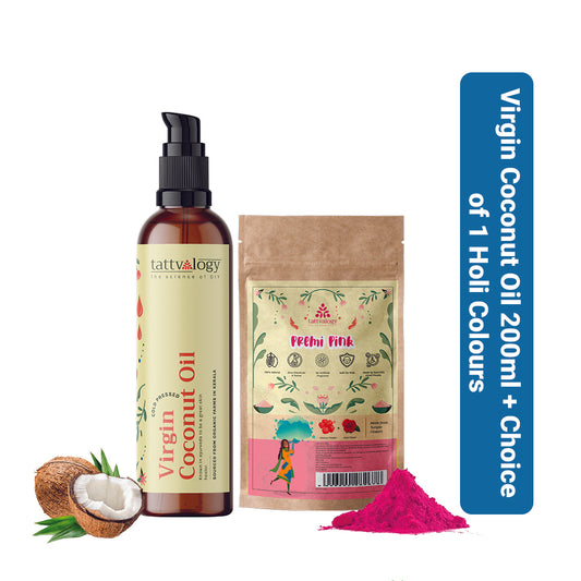 Virgin Organic Coconut Oil, 200ml + Choice of 1 x 50g Holi Colours