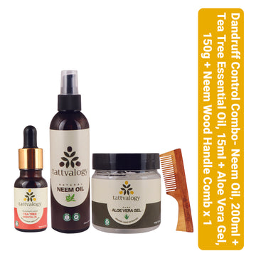 Dandruff Control Combo: Organic Aloe Vera Gel, Neem Oil, Tea Tree Oil & Comb