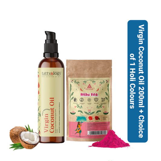 Virgin Organic Coconut Oil, 200ml + Choice of 1 x 50g Holi Colours