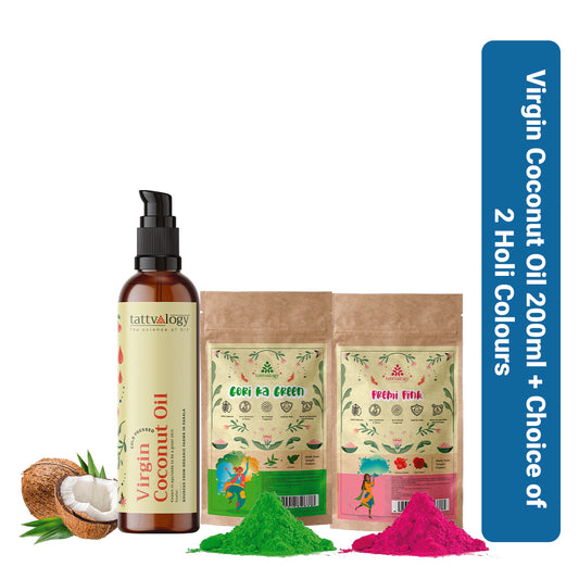Virgin Organic Coconut Oil, 200ml + Choice of 2 x 50g Holi Colours