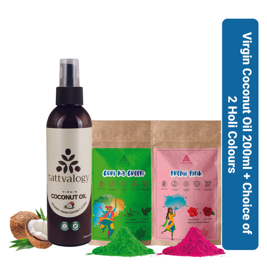 Virgin Organic Coconut Oil, 200ml + Choice of 2 x 50g Holi Colours