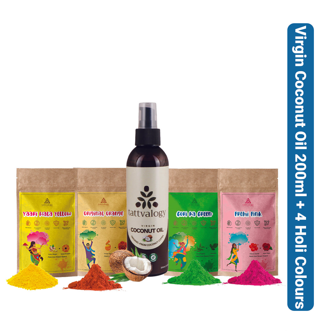Virgin Organic Coconut Oil, 200ml + 4 x 50g Holi Colours